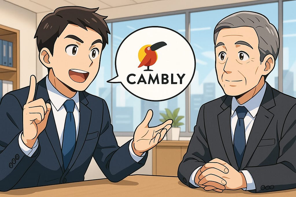 Camblyの印象を上司に話すビジネスマン
