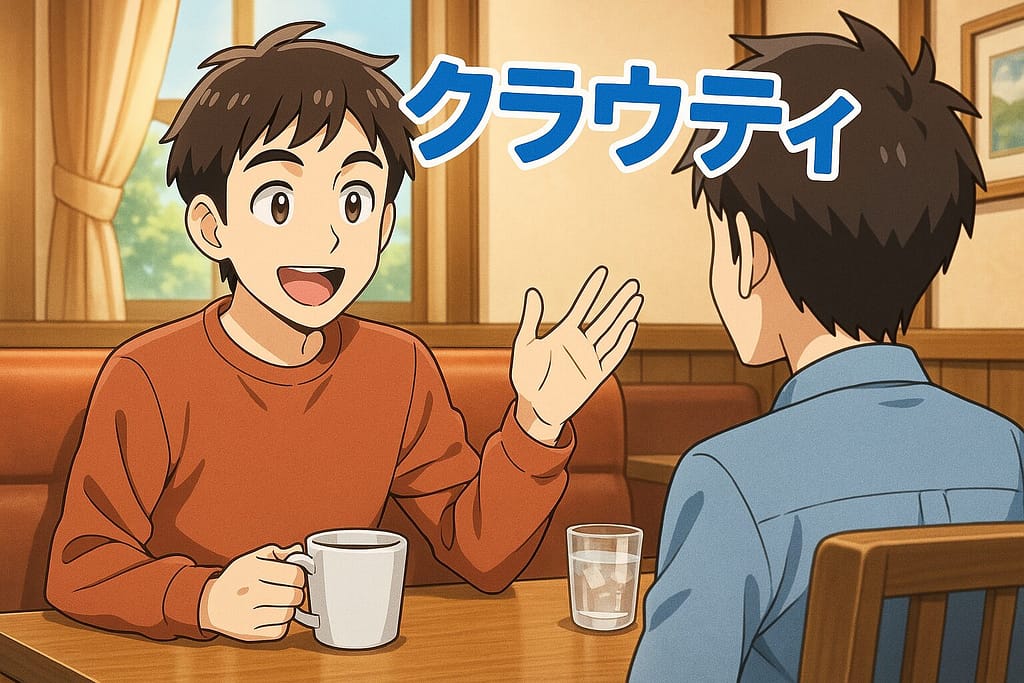 喫茶店でクラウティの印象を友人に話す20代男性