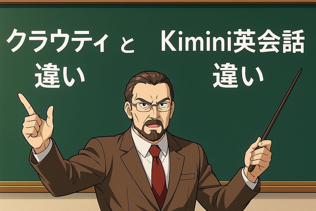 クラウティとKimini英会話の違いを説明する威厳のある男性講師