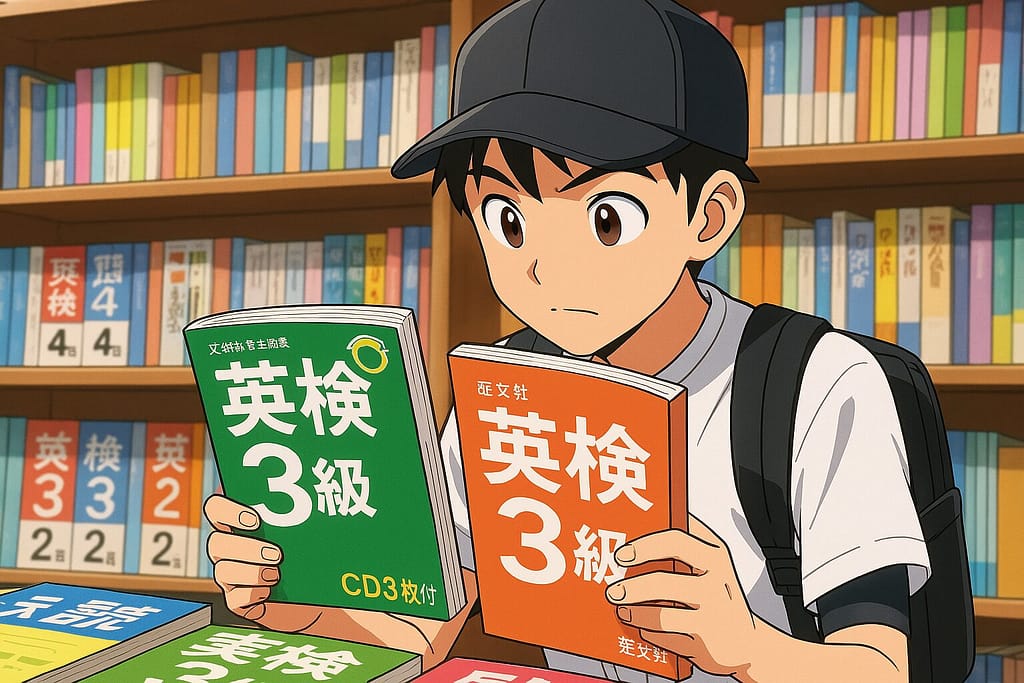 英検教材において他社とクラウティを比較している男子中学生