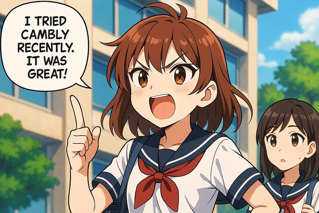 Camblyの感想について友人に話す好戦的な女子高生