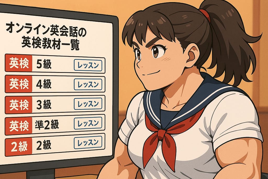 オンライン英会話の英検教材一覧を見ているガタイの良い女子高生