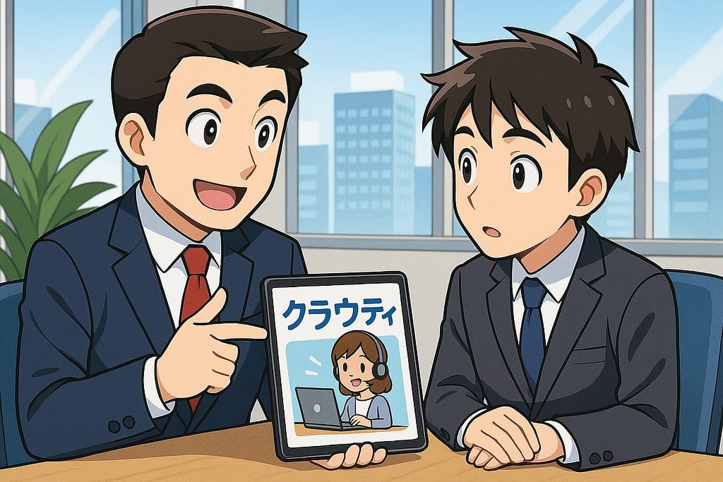 オフィスでクラウティを部下におすすめしているビジネスマン