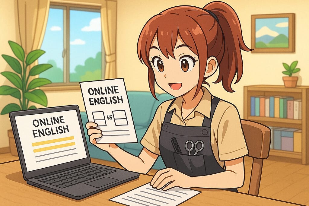 オンライン英会話を比較している女性美容師