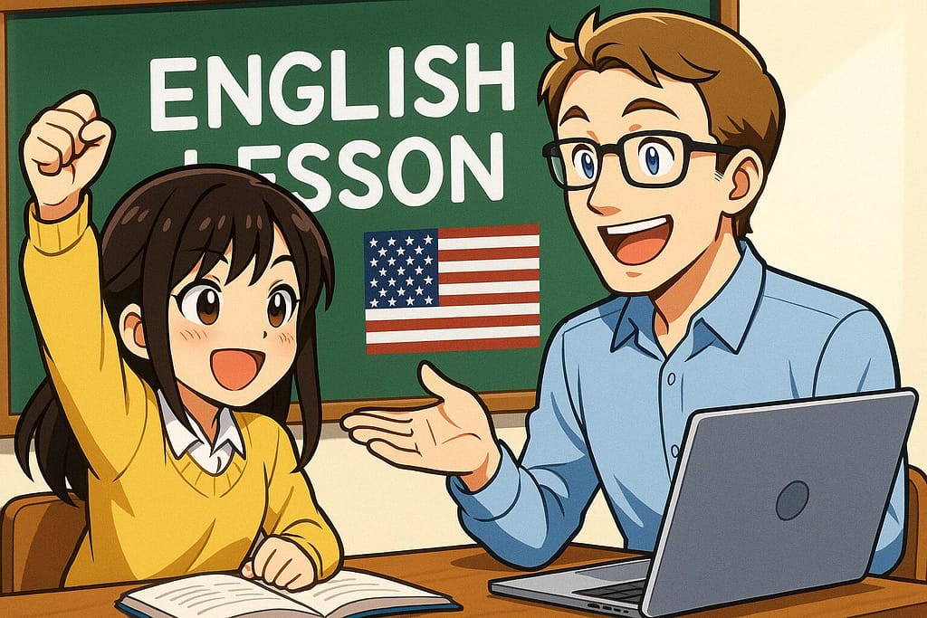 アメリカ人講師の英会話レッスンを受けているやる気あふれる女性