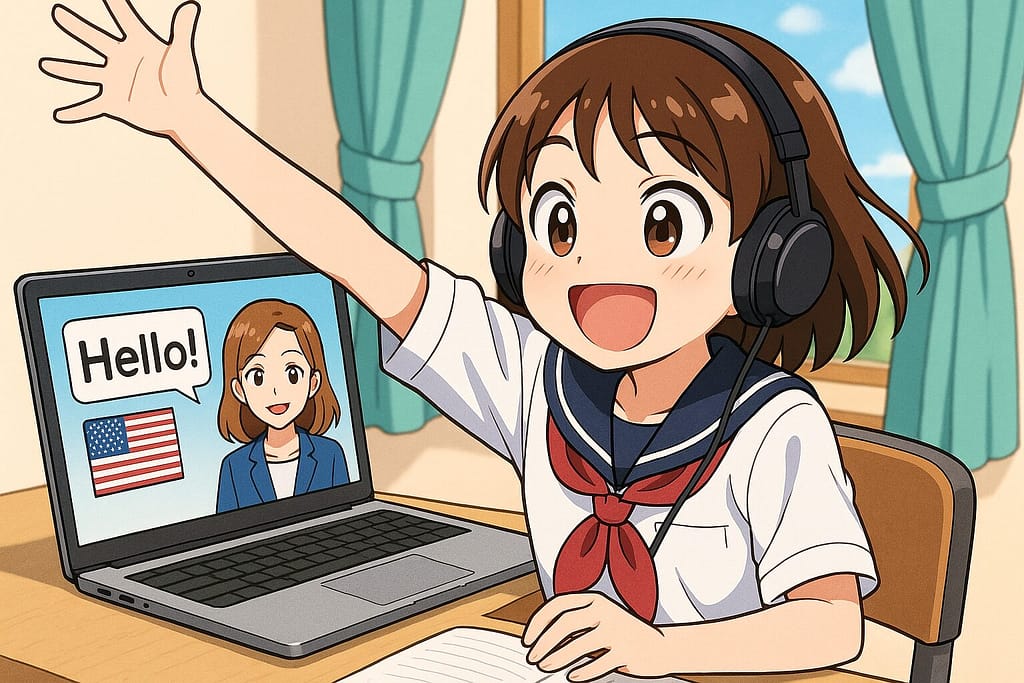 大はしゃぎしながら日本人講師のオンライン英会話を受講する女子小学生