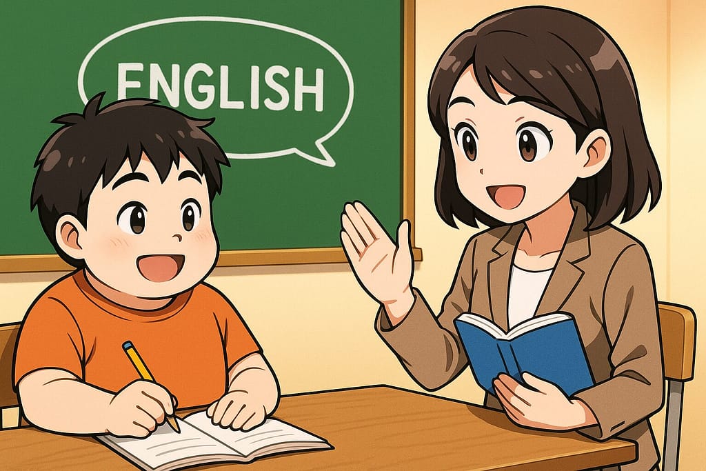 日本人講師に英会話のレッスンを受けている小太りの小学生