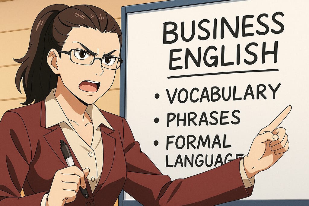 ビジネス英会話について説明している強面女性講師