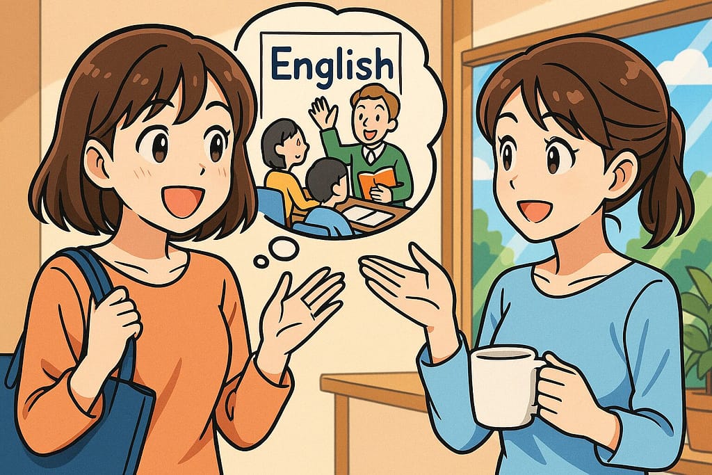 英会話教室の印象を友人に話す主婦