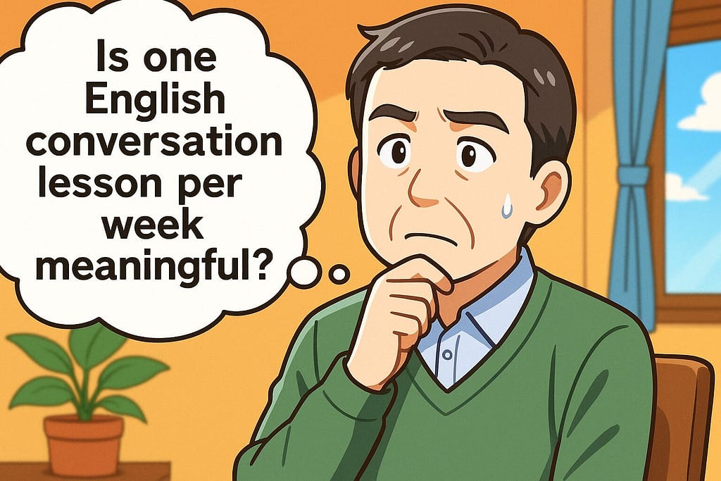 週1回のオンライン英会話レッスンが意味があるのか考えている50代の男性