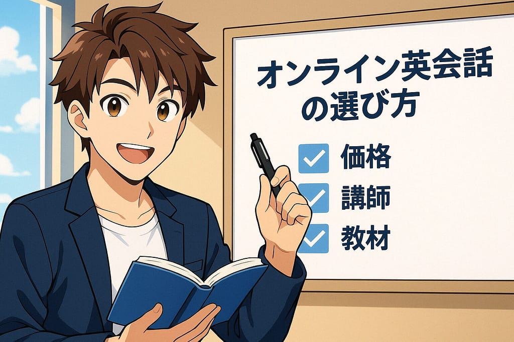 ビジネス英会話が学べるオンライン英会話の選び方を教えている男性