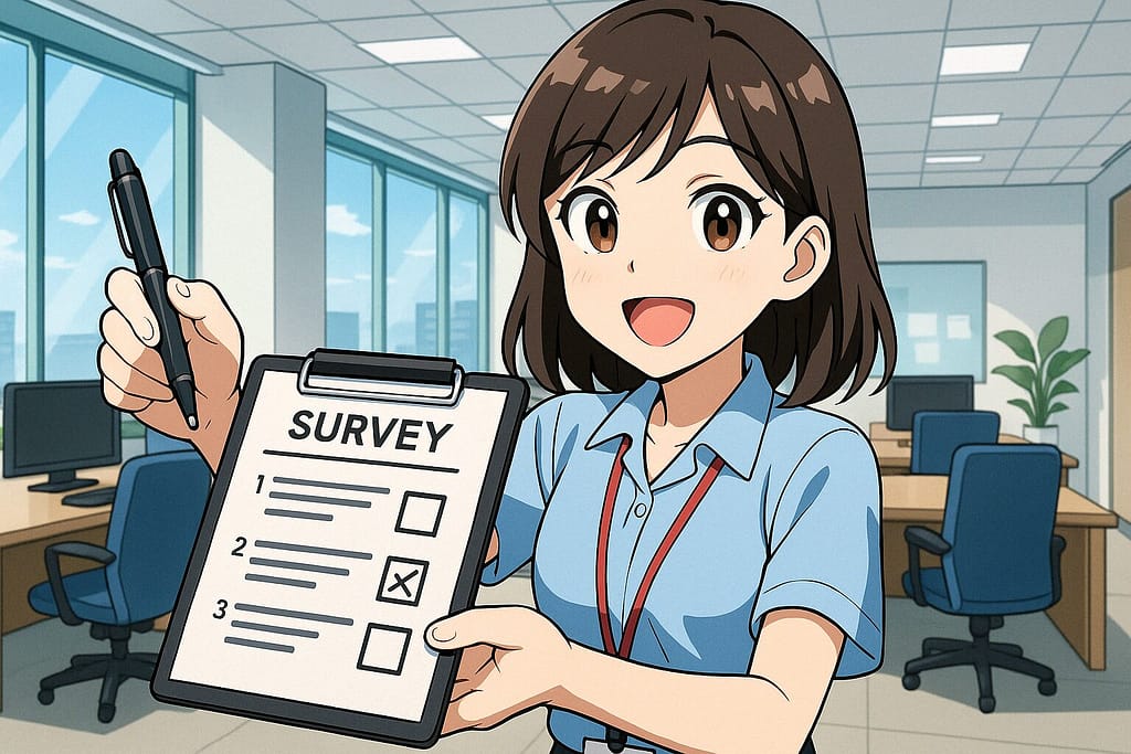 入会して良かったオンライン英会話アンケートを調査している女性スタッフ