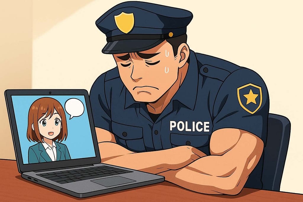 オンライン英会話で失敗してへこんでいるマッチョな警察官