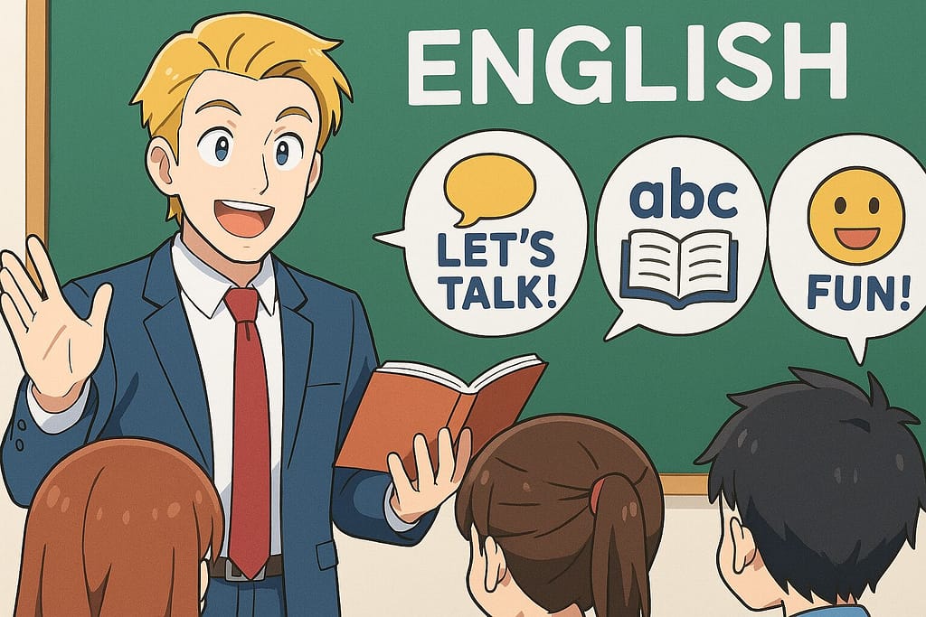 ワールドトークの特徴を生徒に説明する男性講師