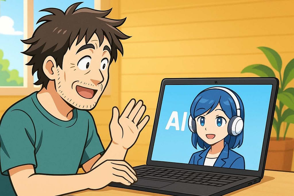 AI相手に英会話をしている髪がボサボサな40代男性