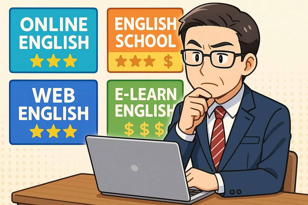 ビジネス英会話におけるDMM英会話と他社の違いを調べている部長