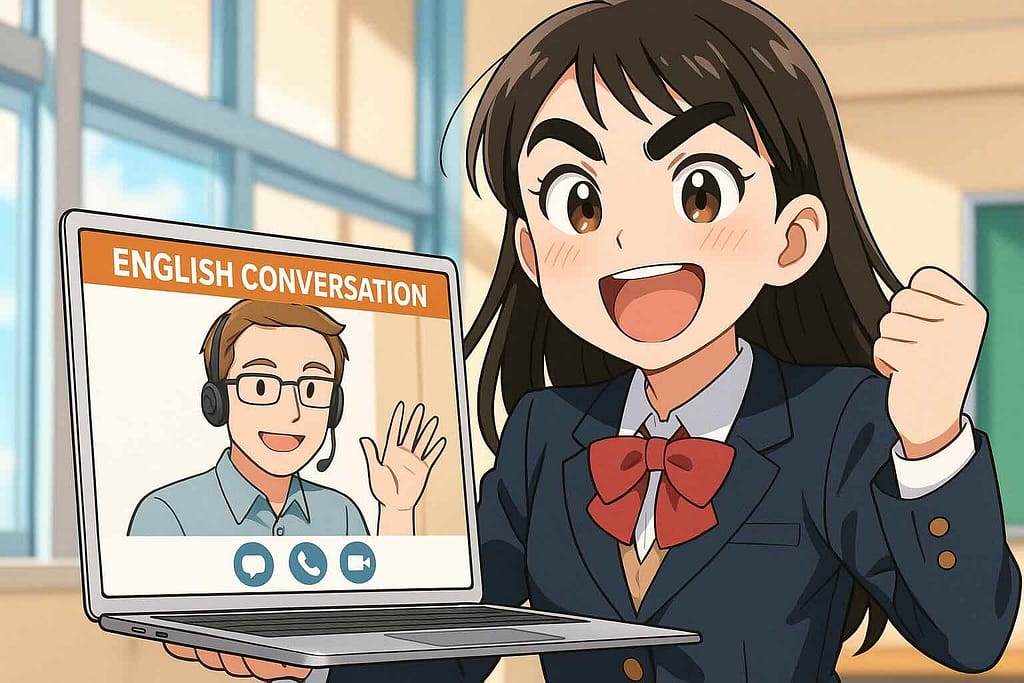 私のお気に入りネイティブキャンプ講師を見つけて喜ぶ女子高生