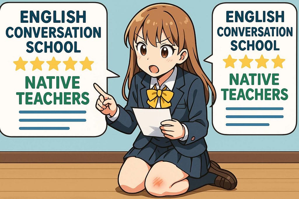 ネイティブが在籍する英会話を比較している膝を擦りむいた女子高校生