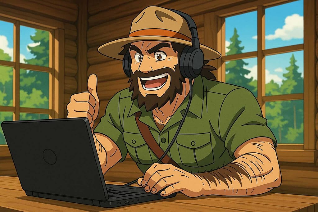 オンライン英会話をやってみている野生的なレンジャー隊員