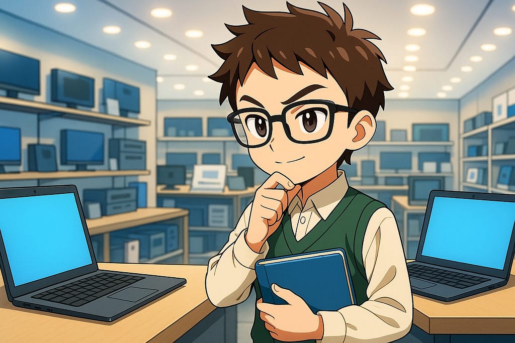 DMM英会話とレアジョブにおけるレッスンシステムを比較している少年