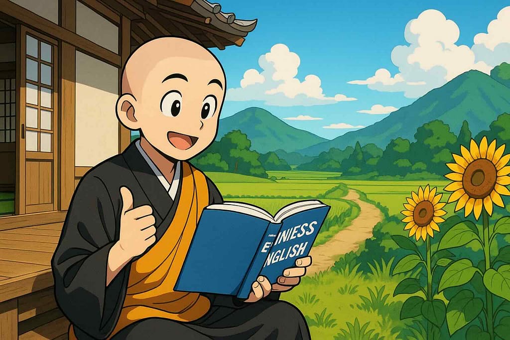 レアジョブでビジネス英会話を学ぶ際に覚えておきたい表現を学ぶお坊さん