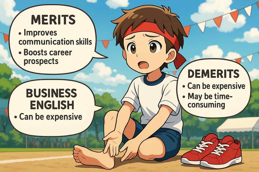 レアジョブのビジネス英会話のメリットとデメリットを語る少年