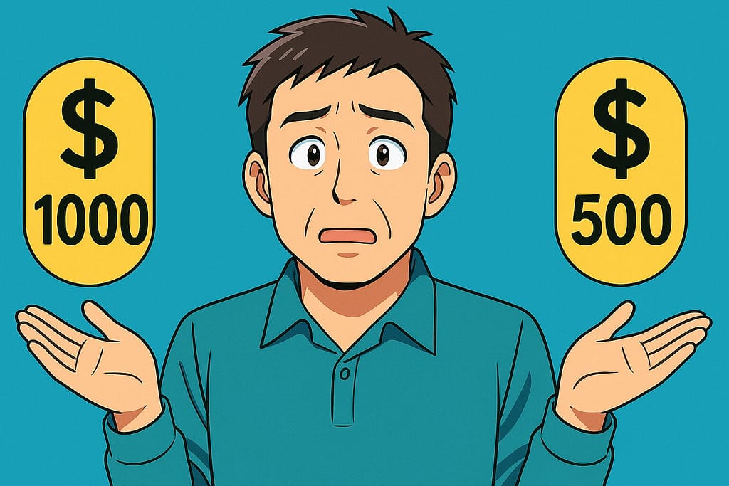 DMM英会話とレアジョブにおける料金プランを比較している男性