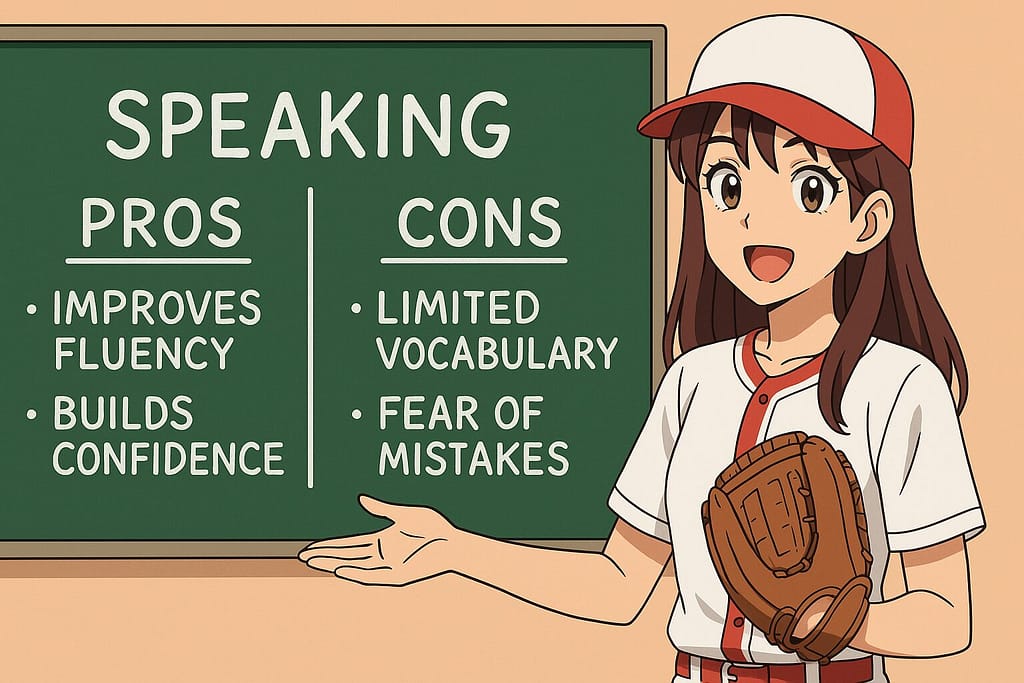 QQ Englishのトピックカンバセーションのメリットとデメリットを説明する女性