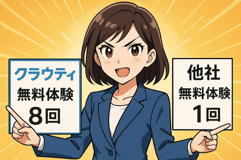 クラウティと他社の無料体験を比較している女性