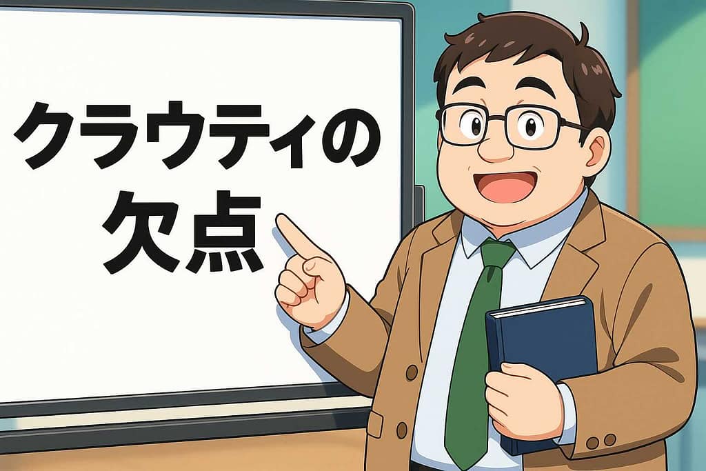 クラウティの欠点を紹介する小太り男性講師