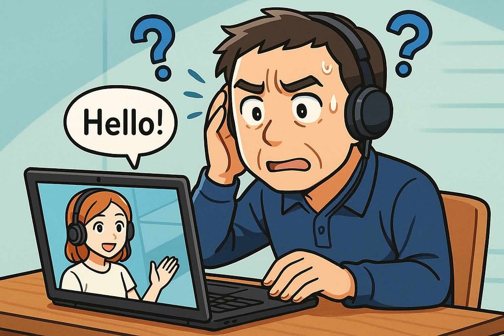 オンライン英会話に苦労している全く英語が話せない男性