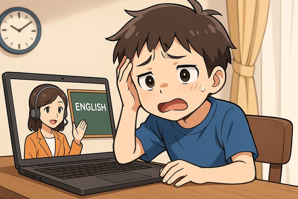 オンライン英会話を毎日するのがきついと感じている少年