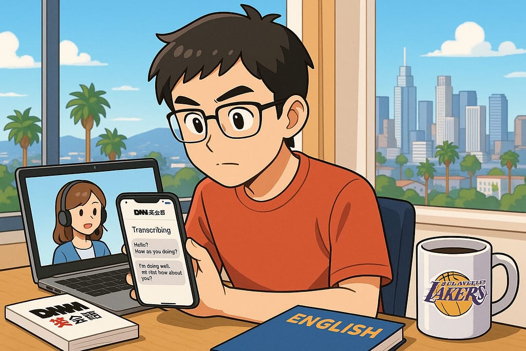 オンライン英会話で何言ってるかわからないので文字起こしアプリを用いている男性