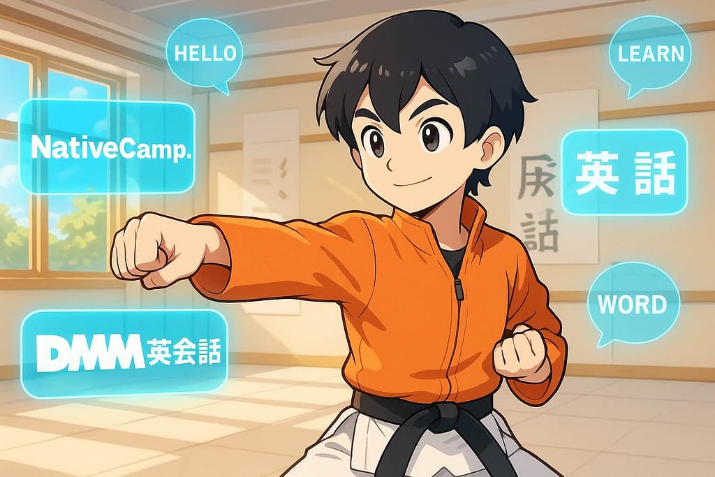 1日2回利用できるオンライン英会話の比較をしている少年