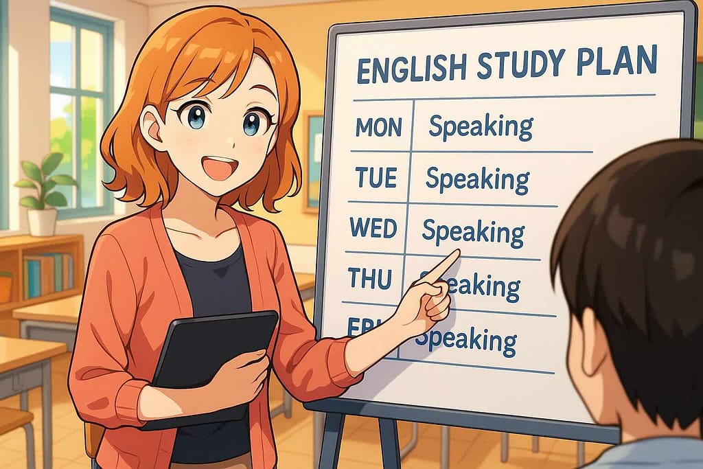 初級者向けに週3回プランにおける効果的な学習方法を教えている女性講師