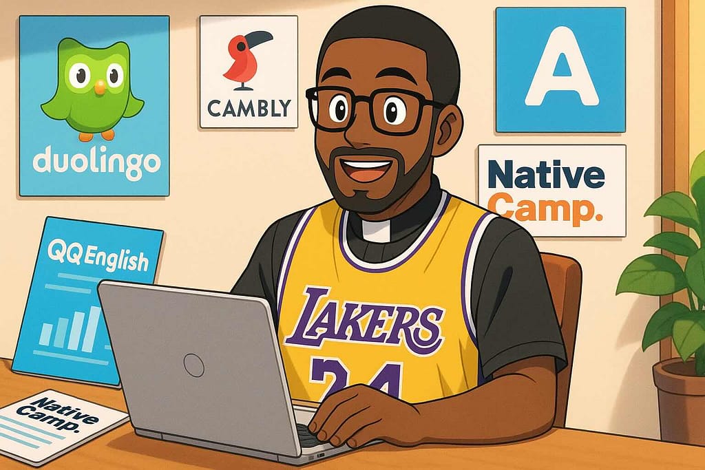 他社とKimini英会話の比較をしている男性