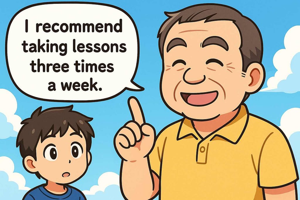 ベストなレッスンの受講頻度について話す男性