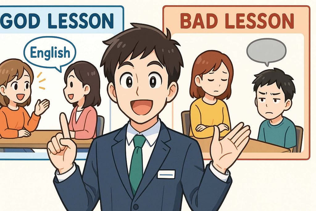 Kimini英会話のレッスンにおけるメリットとデメリットを紹介する男性