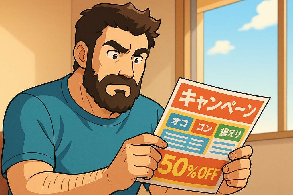 他社のキャンペーンとKimini英会話のキャンペーンを比較している男性