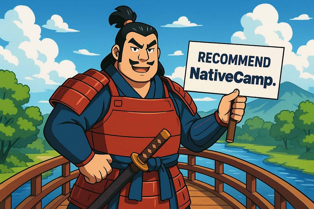 ネイティブキャンプをおすすめする橋の上にいる大きな侍