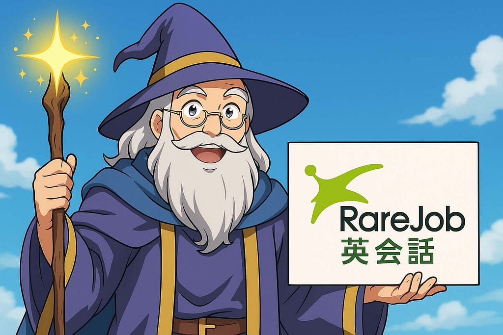 レアジョブ英会話をお勧めしている魔法が得意な賢者
