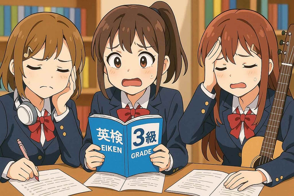 デュオリンゴを使った英検3級の対策をしている女子高生たち