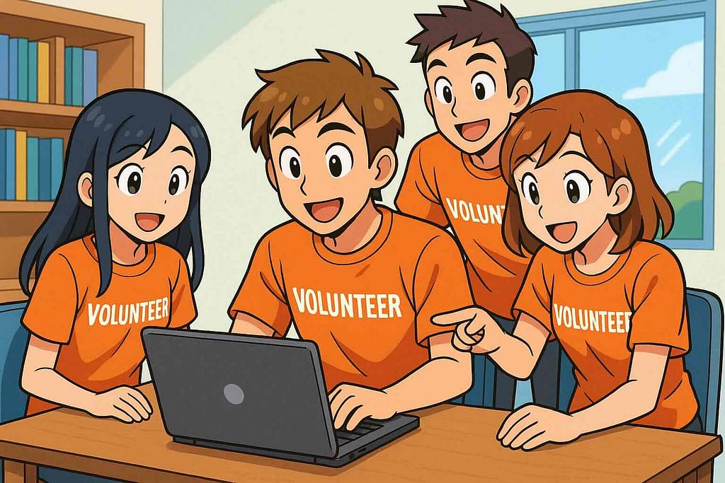 スピークの評判や口コミを調べているボランティアの人たち