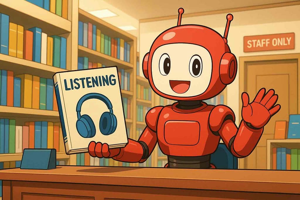 mikanのおすすめリスニング教材ベスト3を紹介するロボット