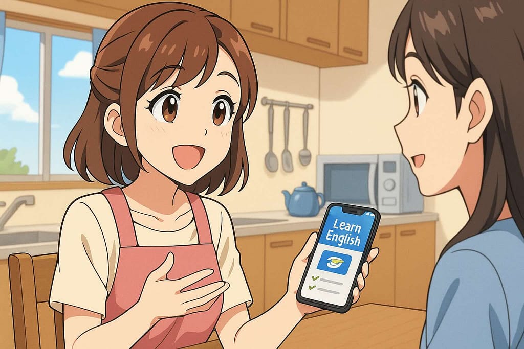 ハロートークをやってみた私の感想を友人に話す主婦