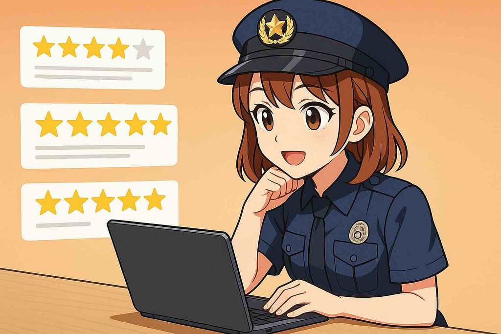 みんなはどの英語アプリを使っているか調べている女性警官