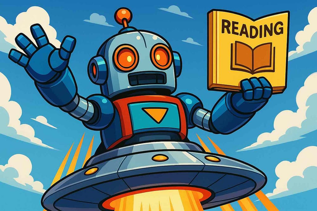 mikanのおすすめリーディング教材ベスト3を紹介するロボット