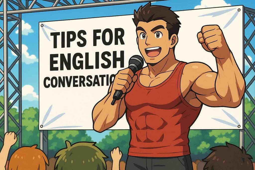 英会話を上達させる方法を話すマッチョ