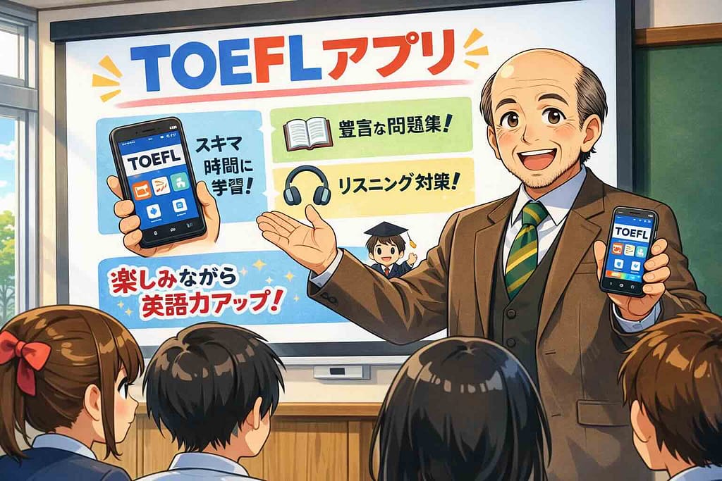 各TOEFLスピーキング対策アプリの特徴を説明する教頭先生