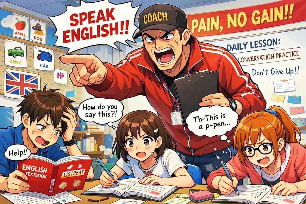 鬼コーチの下で必死に英会話の勉強をする学生たち